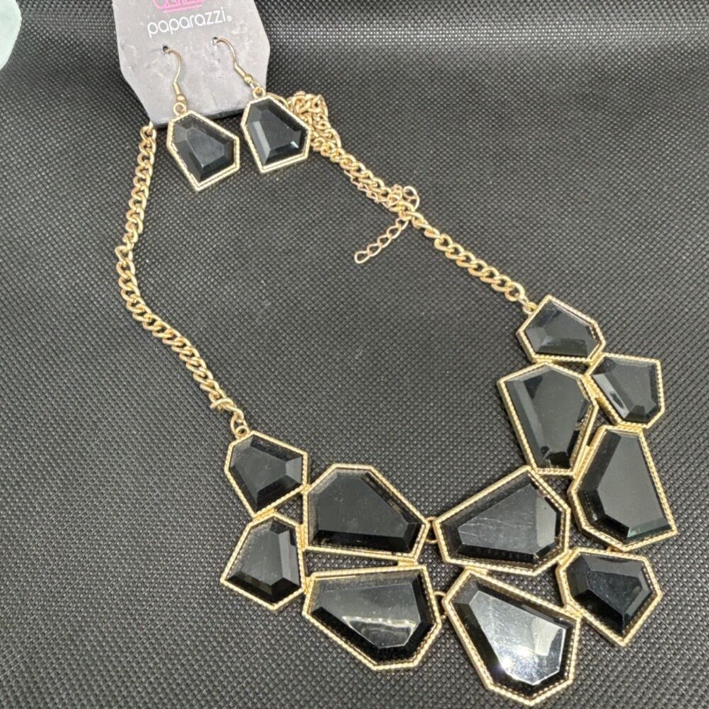Paparazzi Black Gold Geometric Jewelry Set Necklace & Earrings Fashion Costume
